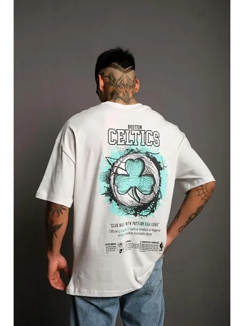 Erkek Kısa Kol Yazlık Tişört Bisiklet Yaka Baskılı Oversize T-shirt - Beyaz