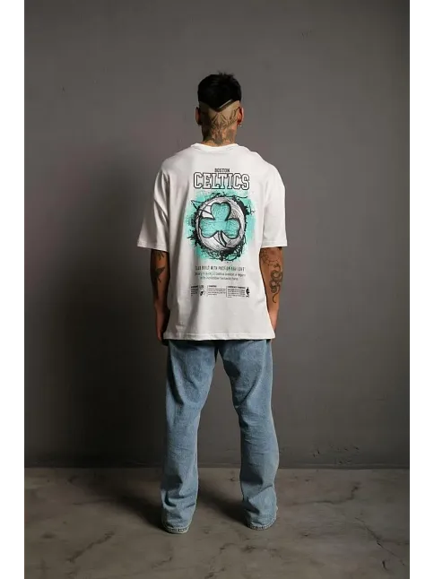 Erkek Kısa Kol Yazlık Tişört Bisiklet Yaka Baskılı Oversize T-shirt - Beyaz