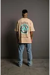 Erkek Kısa Kol Yazlık Tişört Bisiklet Yaka Baskılı Oversize T-shirt - Bej