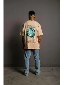 Erkek Kısa Kol Yazlık Tişört Bisiklet Yaka Baskılı Oversize T-shirt - Bej