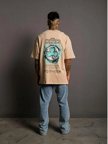 Erkek Kısa Kol Yazlık Tişört Bisiklet Yaka Baskılı Oversize T-shirt - Bej
