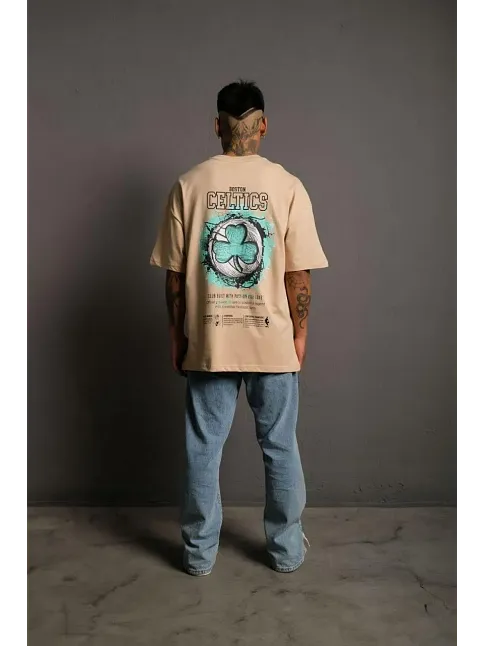 Erkek Kısa Kol Yazlık Tişört Bisiklet Yaka Baskılı Oversize T-shirt - Bej