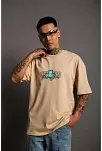 Erkek Kısa Kol Yazlık Tişört Bisiklet Yaka Baskılı Oversize T-shirt - Bej