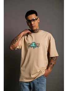 Erkek Kısa Kol Yazlık Tişört Bisiklet Yaka Baskılı Oversize T-shirt - Bej