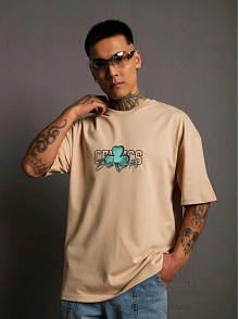 Erkek Kısa Kol Yazlık Tişört Bisiklet Yaka Baskılı Oversize T-shirt - Bej