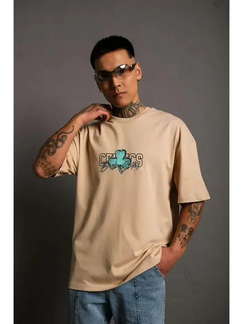 Erkek Kısa Kol Yazlık Tişört Bisiklet Yaka Baskılı Oversize T-shirt - Bej