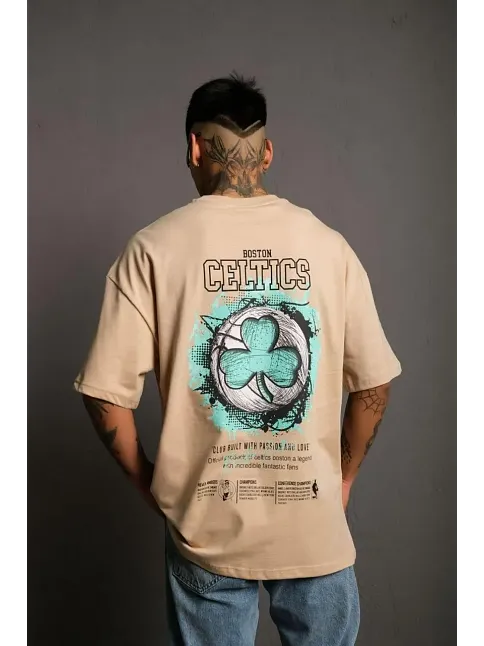 Erkek Kısa Kol Yazlık Tişört Bisiklet Yaka Baskılı Oversize T-shirt - Bej