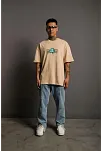 Erkek Kısa Kol Yazlık Tişört Bisiklet Yaka Baskılı Oversize T-shirt - Bej