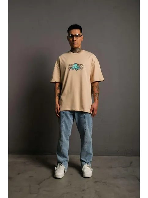 Erkek Kısa Kol Yazlık Tişört Bisiklet Yaka Baskılı Oversize T-shirt - Bej
