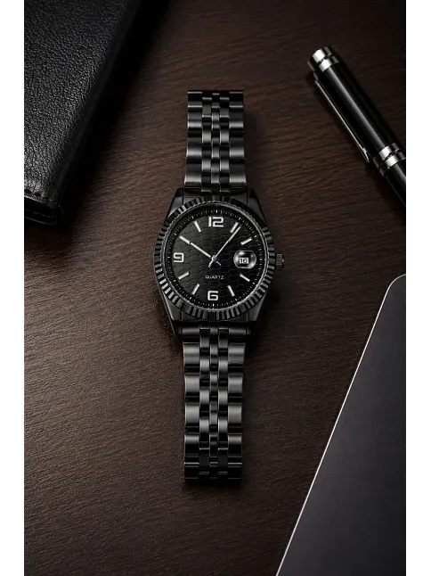 Erkek Siyah Renk Metal Kordon Analog Kol Saati Takvim Göstergeli Siyah Petek Desenli Kadran