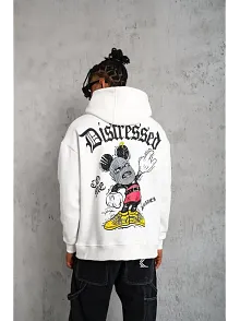 Erkek 3 İplik Pamuklu Kapüşonlu Baskılı Cepli Oversize Sweatshirt Hoodie - Beyaz