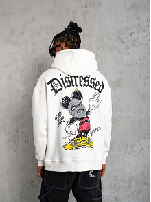 Erkek 3 İplik Pamuklu Kapüşonlu Baskılı Cepli Oversize Sweatshirt Hoodie - Beyaz
