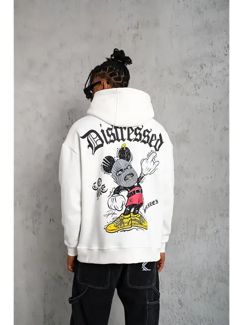 Erkek 3 İplik Pamuklu Kapüşonlu Baskılı Cepli Oversize Sweatshirt Hoodie - Beyaz