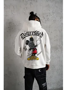 Erkek 3 İplik Pamuklu Kapüşonlu Baskılı Cepli Oversize Sweatshirt Hoodie - Beyaz