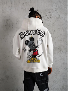 Erkek 3 İplik Pamuklu Kapüşonlu Baskılı Cepli Oversize Sweatshirt Hoodie - Beyaz