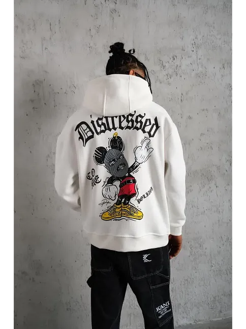 Erkek 3 İplik Pamuklu Kapüşonlu Baskılı Cepli Oversize Sweatshirt Hoodie - Beyaz