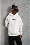 Erkek 3 İplik Pamuklu Kapüşonlu Baskılı Cepli Oversize Sweatshirt Hoodie - Beyaz
