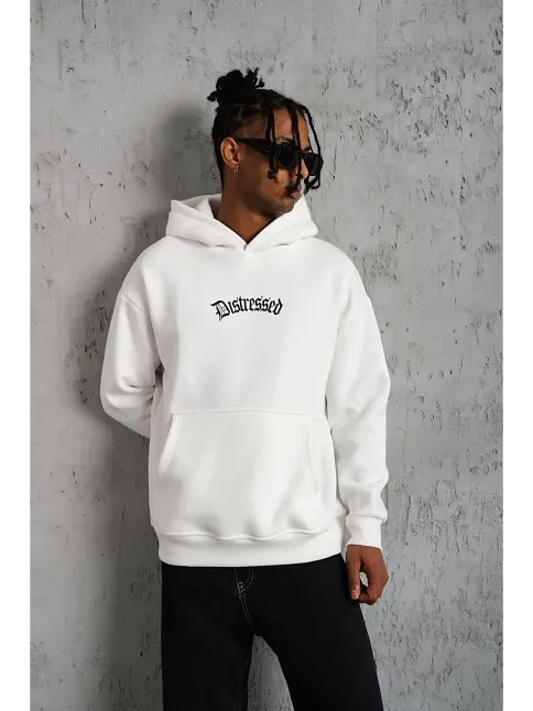 Erkek 3 İplik Pamuklu Kapüşonlu Baskılı Cepli Oversize Sweatshirt Hoodie - Beyaz