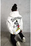 Erkek 3 İplik Pamuklu Kapüşonlu Baskılı Cepli Oversize Sweatshirt Hoodie - Beyaz