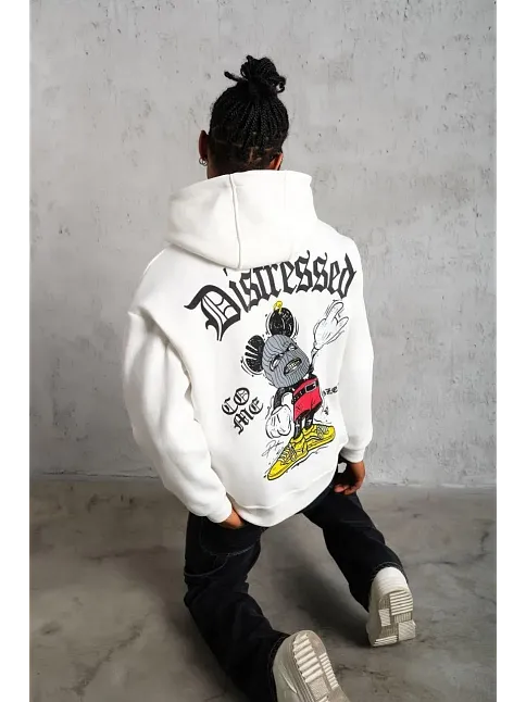 Erkek 3 İplik Pamuklu Kapüşonlu Baskılı Cepli Oversize Sweatshirt Hoodie - Beyaz
