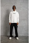 Erkek 3 İplik Pamuklu Kapüşonlu Baskılı Cepli Oversize Sweatshirt Hoodie - Beyaz