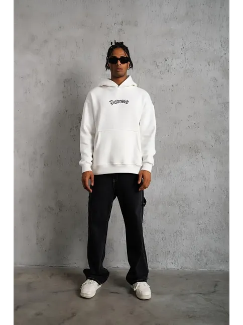 Erkek 3 İplik Pamuklu Kapüşonlu Baskılı Cepli Oversize Sweatshirt Hoodie - Beyaz
