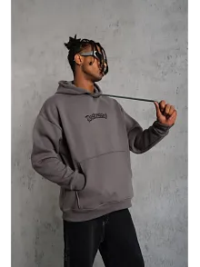 Erkek 3 İplik Pamuklu Kapüşonlu Kanguru Cepli Sweatshirt Hoodie -  Gri