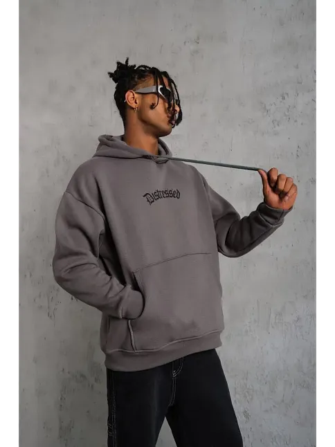 Erkek 3 İplik Pamuklu Kapüşonlu Kanguru Cepli Sweatshirt Hoodie -  Gri