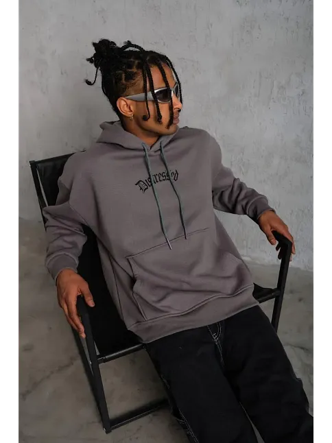 Erkek 3 İplik Pamuklu Kapüşonlu Kanguru Cepli Sweatshirt Hoodie -  Gri