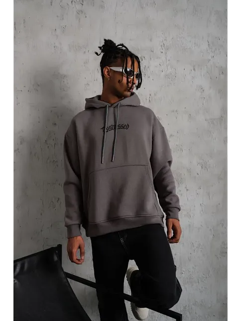 Erkek 3 İplik Pamuklu Kapüşonlu Kanguru Cepli Sweatshirt Hoodie -  Gri