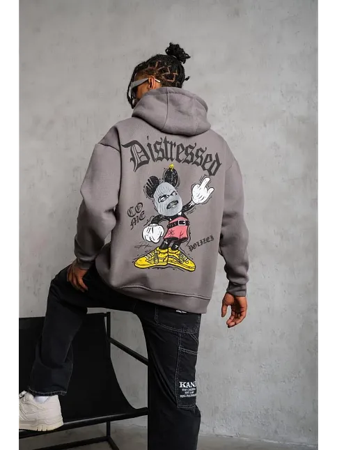 Erkek 3 İplik Pamuklu Kapüşonlu Kanguru Cepli Sweatshirt Hoodie -  Gri