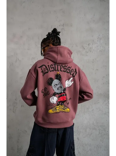 Erkek 3 İplik Pamuklu Kapüşonlu Kanguru Cepli Sweatshirt Hoodie - Gül Kurusu