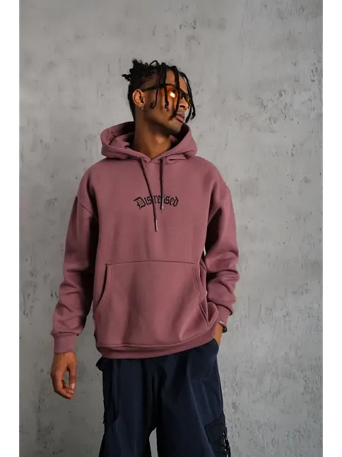 Erkek 3 İplik Pamuklu Kapüşonlu Kanguru Cepli Sweatshirt Hoodie - Gül Kurusu