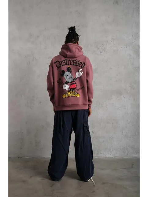 Erkek 3 İplik Pamuklu Kapüşonlu Kanguru Cepli Sweatshirt Hoodie - Gül Kurusu