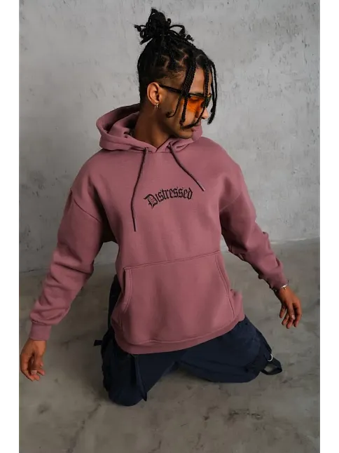 Erkek 3 İplik Pamuklu Kapüşonlu Kanguru Cepli Sweatshirt Hoodie - Gül Kurusu