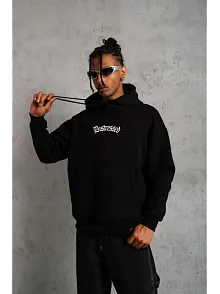 Erkek Baskılı Kapüşonlu 3 İplik Pamuklu Hoodie Sweatshirt - Siyah