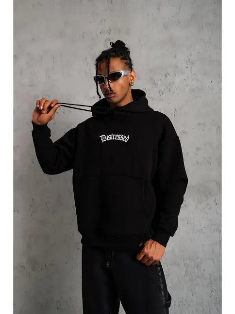 Erkek Baskılı Kapüşonlu 3 İplik Pamuklu Hoodie Sweatshirt - Siyah