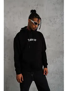 Erkek Baskılı Kapüşonlu 3 İplik Pamuklu Hoodie Sweatshirt - Siyah