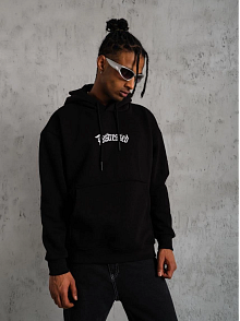 Erkek Baskılı Kapüşonlu 3 İplik Pamuklu Hoodie Sweatshirt - Siyah