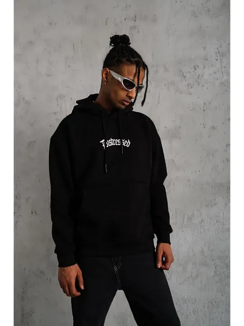 Erkek Baskılı Kapüşonlu 3 İplik Pamuklu Hoodie Sweatshirt - Siyah