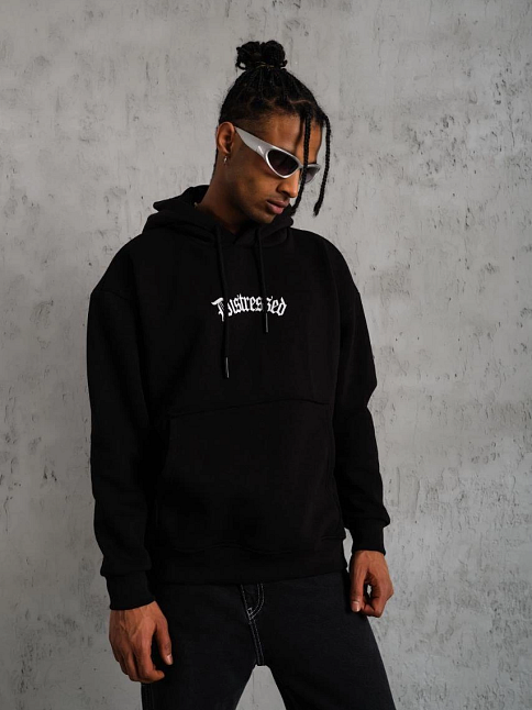 Erkek Baskılı Kapüşonlu 3 İplik Pamuklu Hoodie Sweatshirt - Siyah