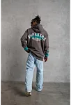 Erkek 3 İplik Pamuklu Alev Baskılı Kapüşonlu Hoodie Sweatshirt - Gri