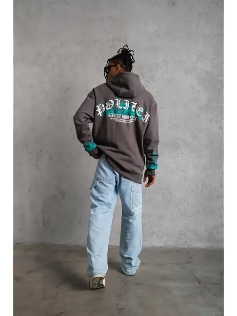 Erkek 3 İplik Pamuklu Alev Baskılı Kapüşonlu Hoodie Sweatshirt - Gri