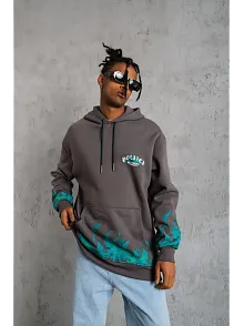 Erkek 3 İplik Pamuklu Alev Baskılı Kapüşonlu Hoodie Sweatshirt - Gri