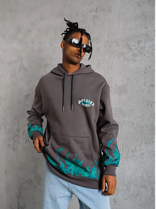 Erkek 3 İplik Pamuklu Alev Baskılı Kapüşonlu Hoodie Sweatshirt - Gri
