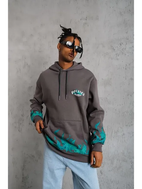 Erkek 3 İplik Pamuklu Alev Baskılı Kapüşonlu Hoodie Sweatshirt - Gri