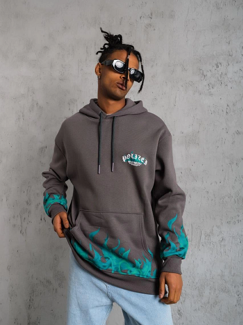 Erkek 3 İplik Pamuklu Alev Baskılı Kapüşonlu Hoodie Sweatshirt - Gri