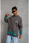 Erkek 3 İplik Pamuklu Alev Baskılı Kapüşonlu Hoodie Sweatshirt - Gri