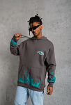 Erkek 3 İplik Pamuklu Alev Baskılı Kapüşonlu Hoodie Sweatshirt - Gri