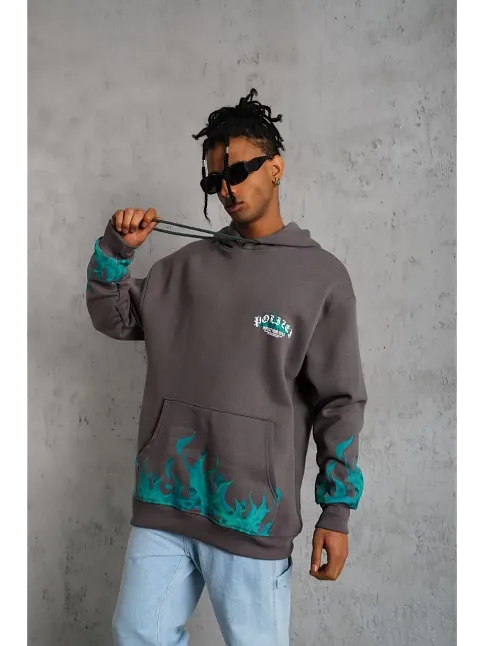 Erkek 3 İplik Pamuklu Alev Baskılı Kapüşonlu Hoodie Sweatshirt - Gri